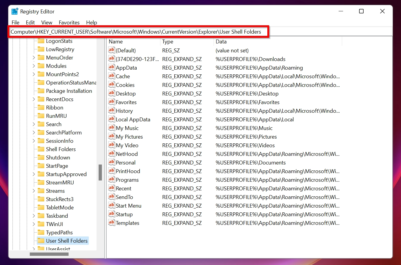 Windowsレジストリエディタのユーザーシェルフォルダ画面。