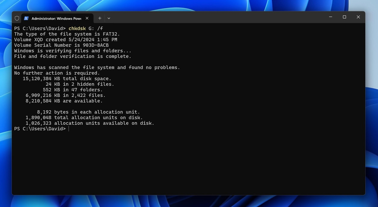 ウィンドウズ・ターミナル chkdsk xqd