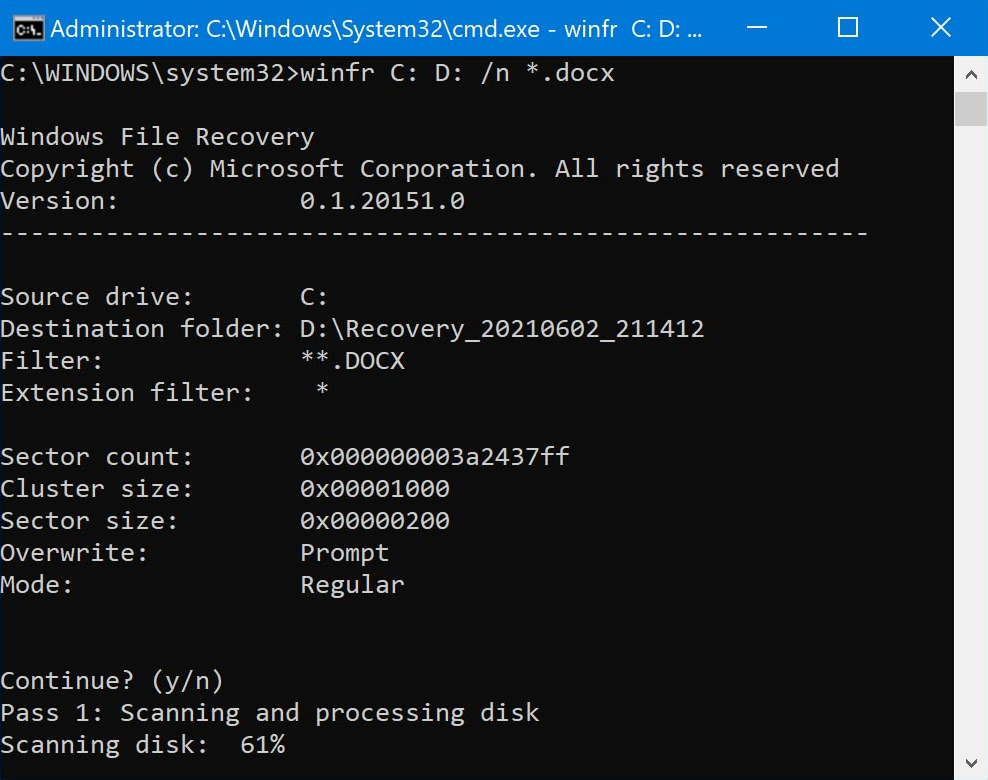 Windows File Recoveryでドライブ上のdocxファイルを検索