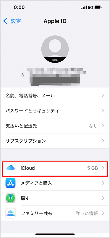 「iCloud」を選択して設定します